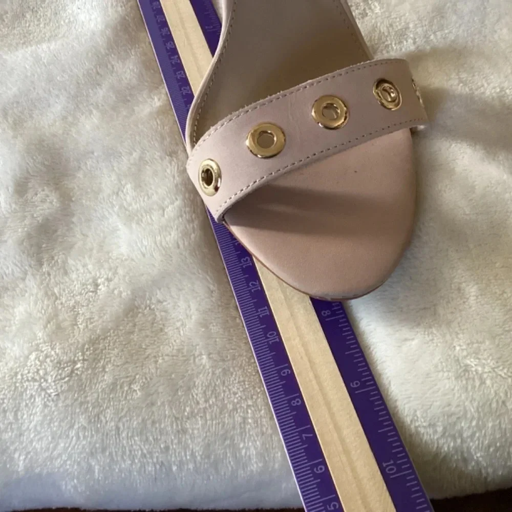 Vince Camuto tan suede shoes ankle straps gold details office night out